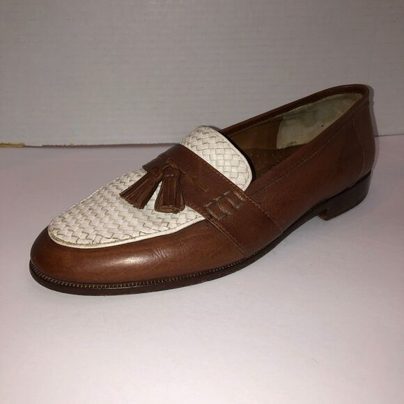 Nettleton Shoes Size 8 Cognac White Spectator Shoes Loafers Woven Tassels VTG main image 9